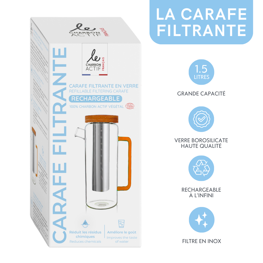 Boîte de carafe filtrante en verre de 1,5 litres rechargeable avec filtre inox et charbon actif