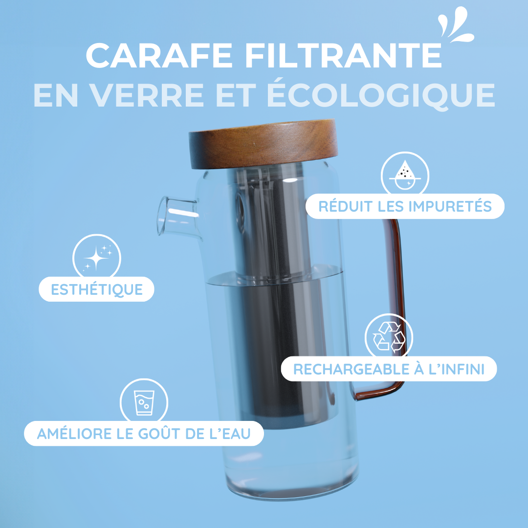 Carafe filtrante en verre avec filtre métallique et couvercle en bois, système water pitcher filter system écologique