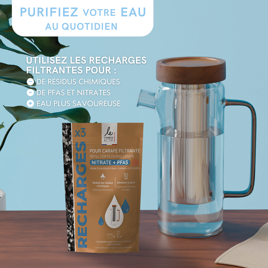 Système filtre pichet à eau BIJIN avec recharge filtrante pour éliminer résidus chimiques nitrates PFAS