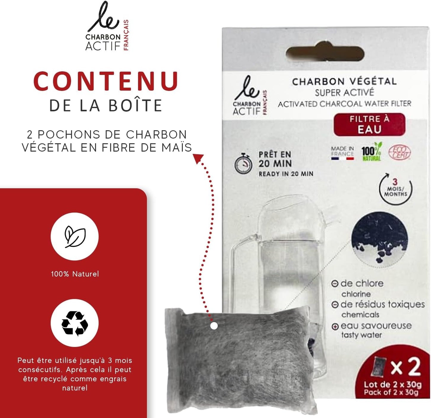 activated charcoal water filter pouch in gray corn fiber for water filter entire house usage