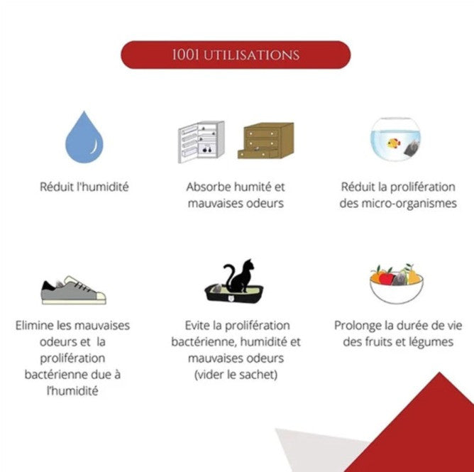 Infographic showing benefits of moisture absorber with icons for reducing humidity odors microbes bacterial growth and preserving fruits